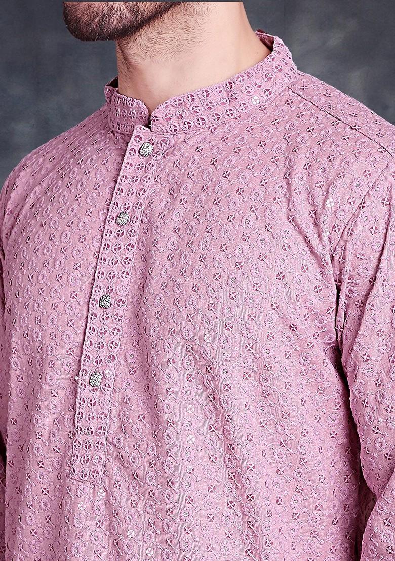 Purple Embroidered Poly Blend Kurta Set For Men