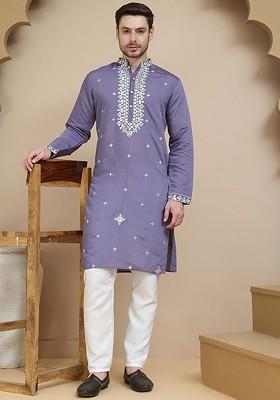 Purple Embroidered Poly Blend Kurta Set For Men