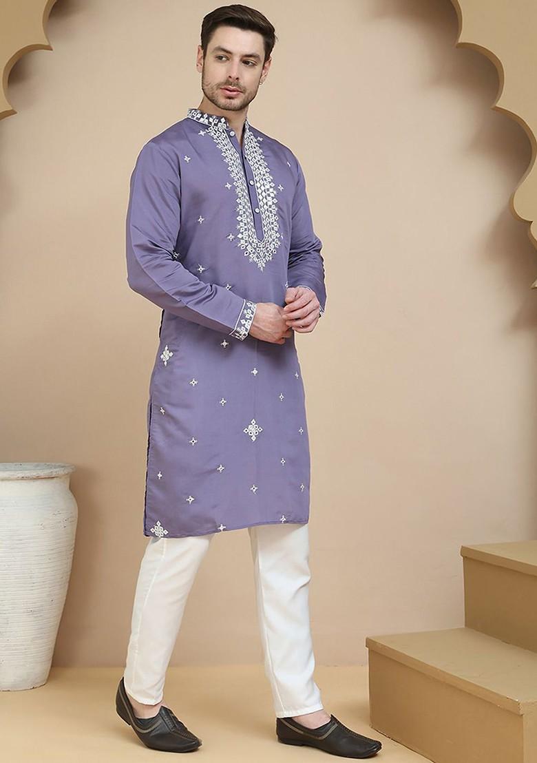 Purple Embroidered Poly Blend Kurta Set For Men