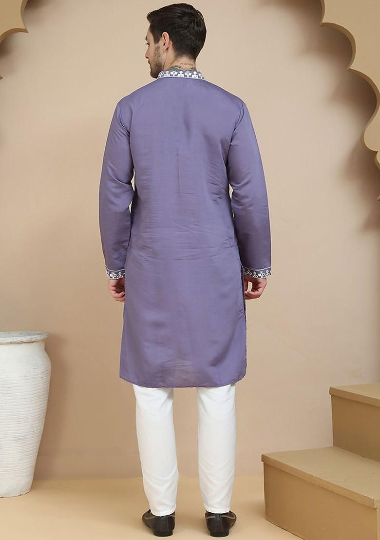 Purple Embroidered Poly Blend Kurta Set For Men