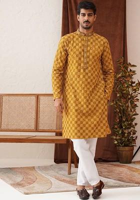 Mustard Yellow Embroidered Poly Blend Kurta Set For Men
