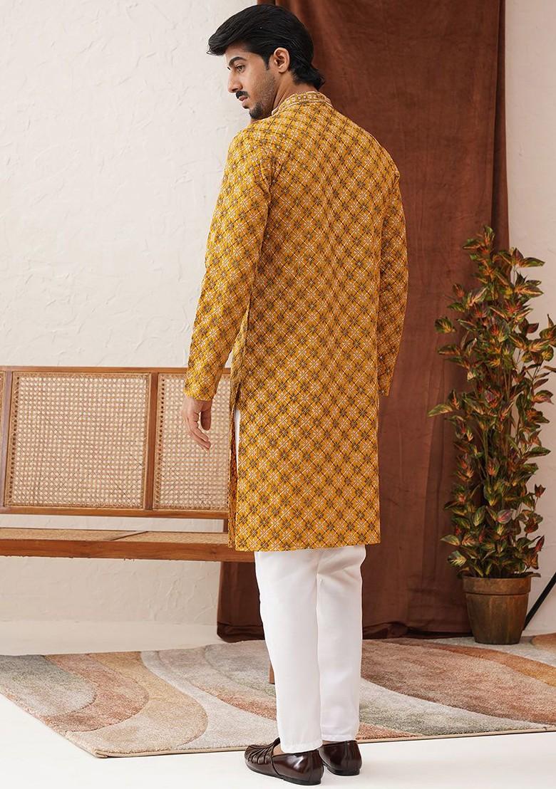 Mustard Yellow Embroidered Poly Blend Kurta Set For Men