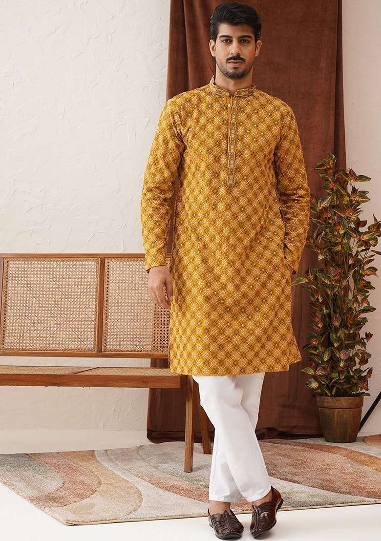 Mustard Yellow Embroidered Poly Blend Kurta Set For Men - Indya
