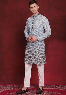 Blue Embroidered Poly Blend Kurta Set For Men