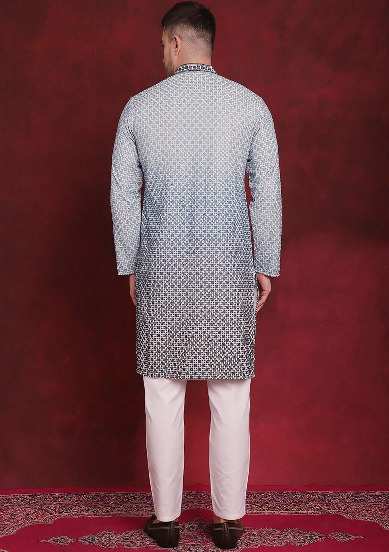 Blue Embroidered Poly Blend Kurta Set For Men