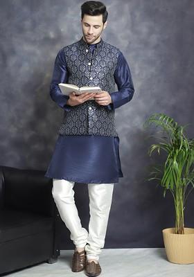Navy Blue Printed Poly Blend Kurta Set For Men