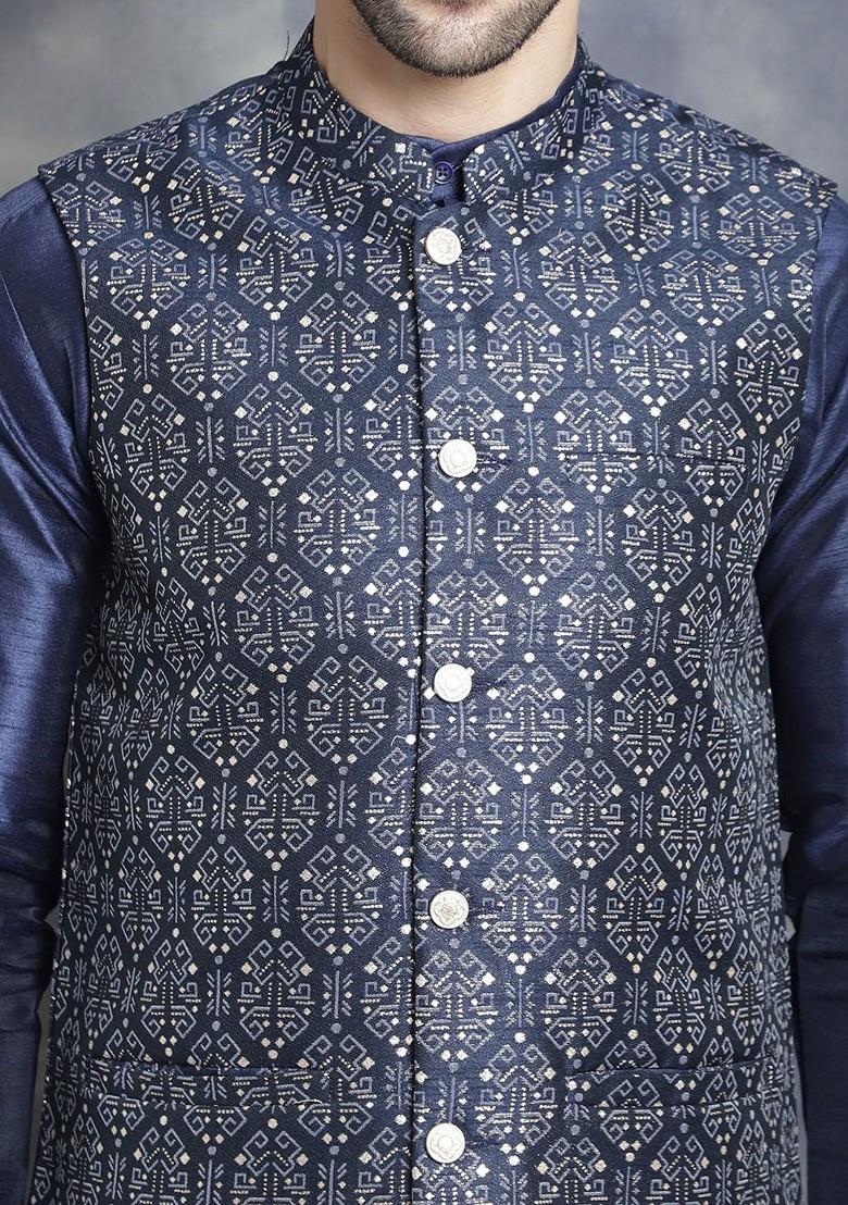 Navy Blue Printed Poly Blend Kurta Set For Men