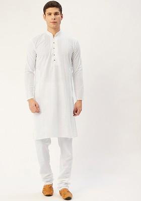 White Embroidered Poly Blend Kurta Set For Men