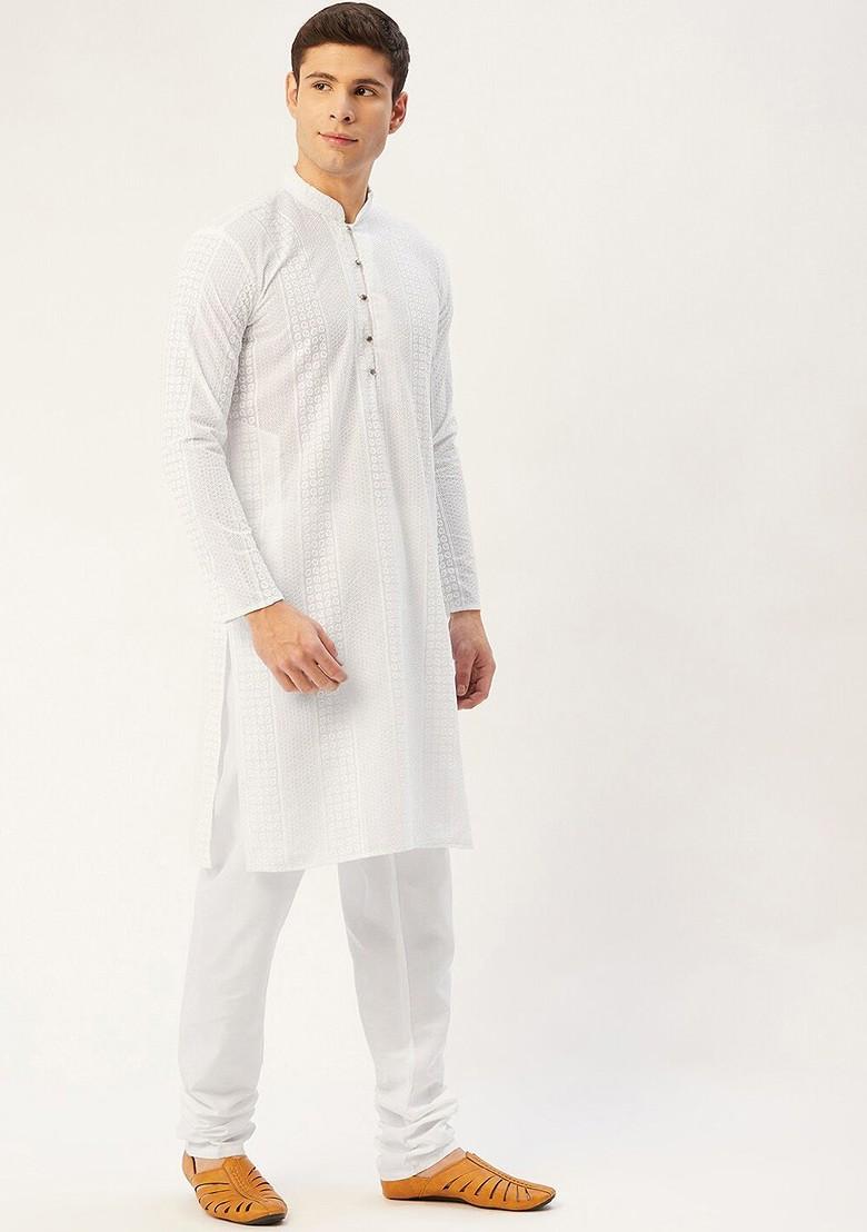 White Embroidered Poly Blend Kurta Set For Men