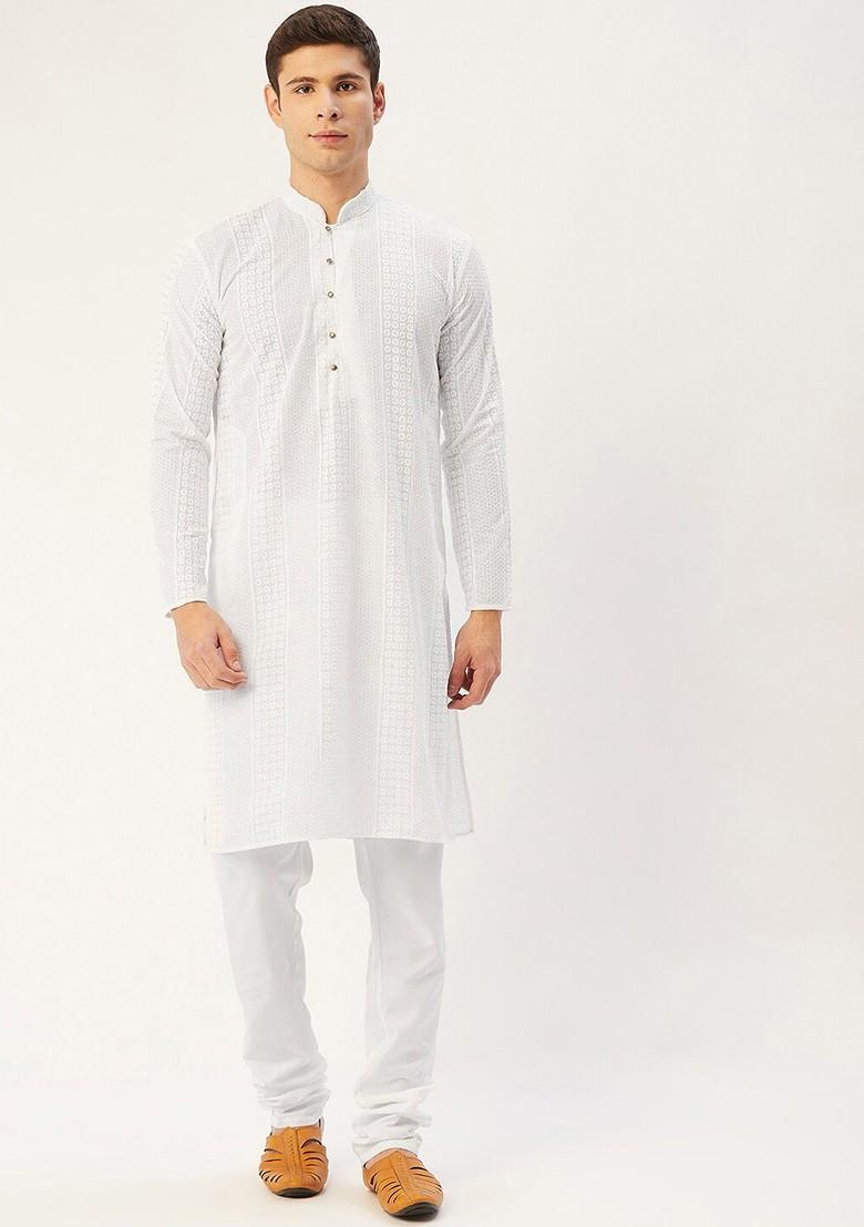 White Embroidered Poly Blend Kurta Set For Men