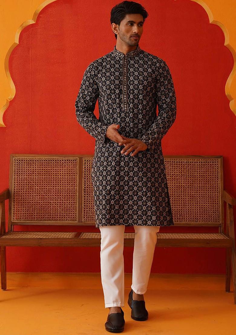Navy Blue Embroidered Poly Blend Kurta Set For Men