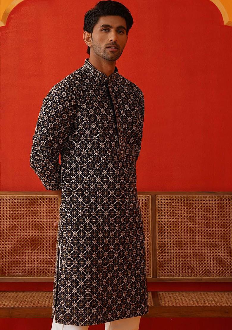 Navy Blue Embroidered Poly Blend Kurta Set For Men