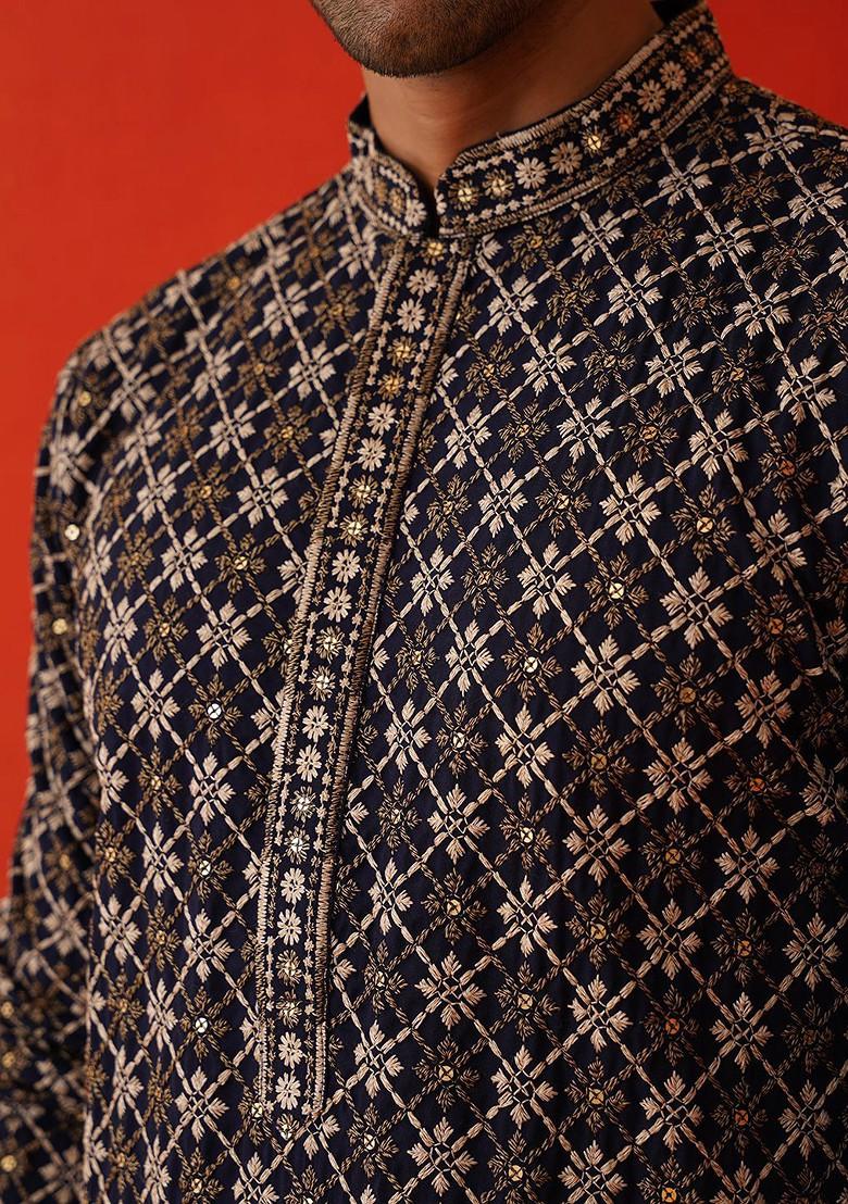 Navy Blue Embroidered Poly Blend Kurta Set For Men