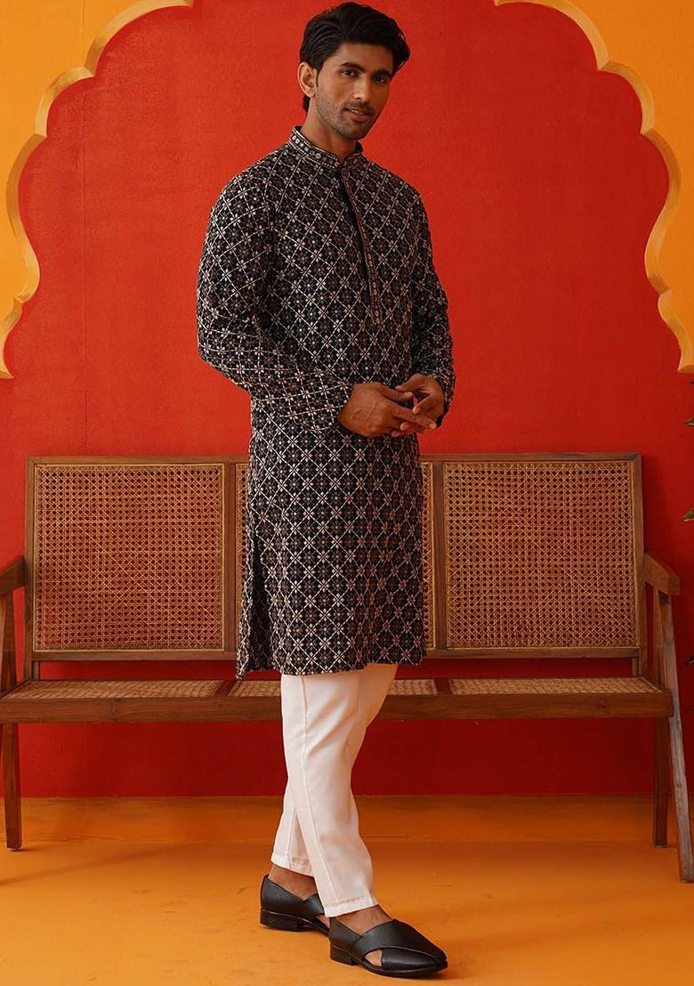 Navy Blue Embroidered Poly Blend Kurta Set For Men