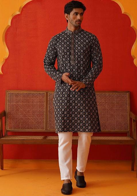 Navy Blue Embroidered Poly Blend Kurta Set For Men