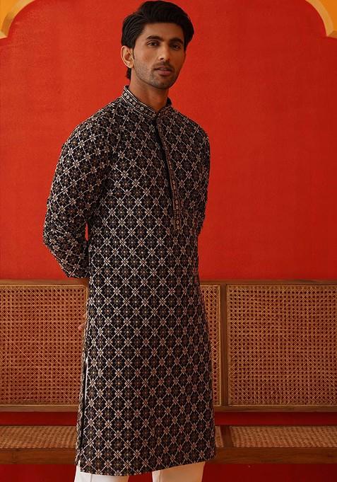 Navy Blue Embroidered Poly Blend Kurta Set For Men