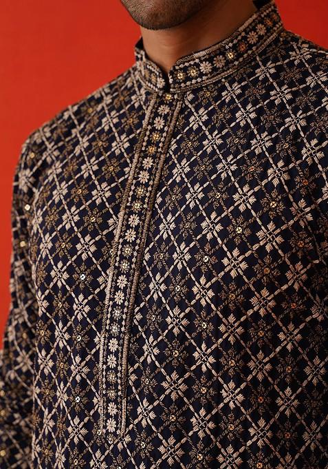 Navy Blue Embroidered Poly Blend Kurta Set For Men
