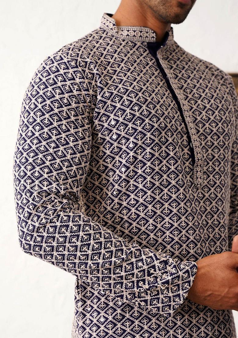 Navy Blue Embroidered Poly Blend Kurta Set For Men