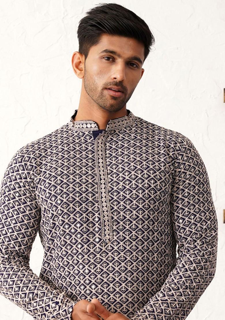 Navy Blue Embroidered Poly Blend Kurta Set For Men