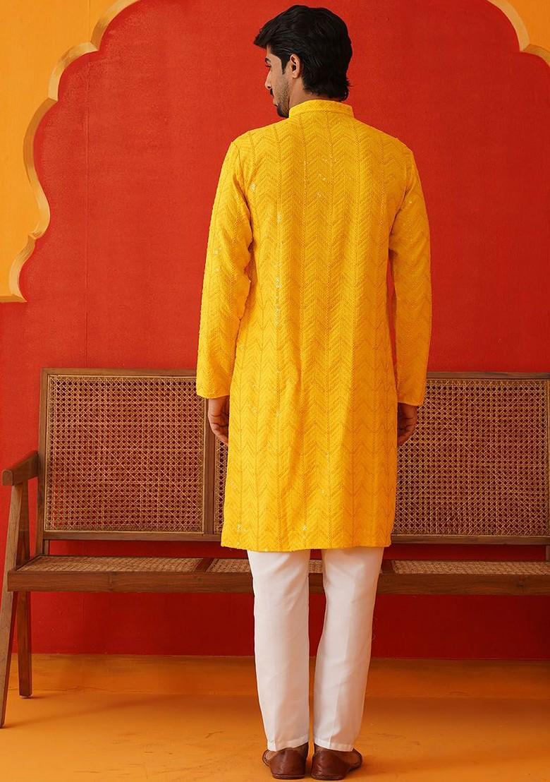 Yellow Embroidered Poly Blend Kurta Set For Men