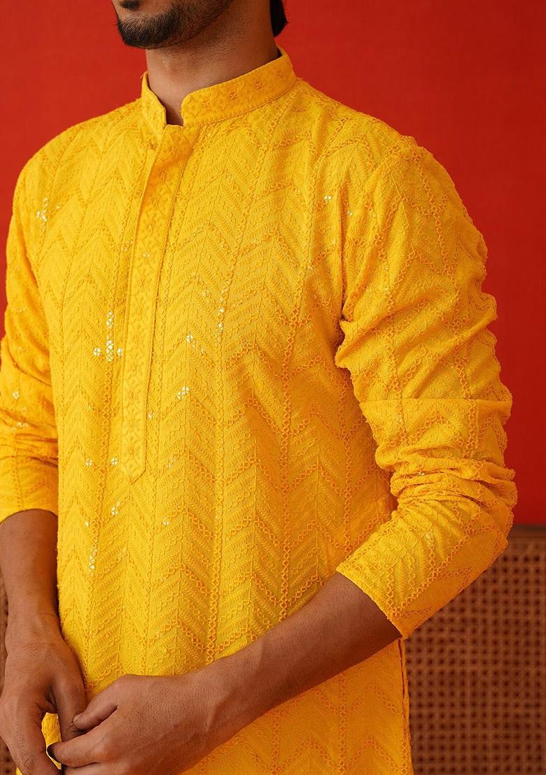 Yellow Embroidered Poly Blend Kurta Set For Men