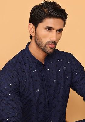 Navy Blue Embroidered Poly Blend Kurta Set For Men