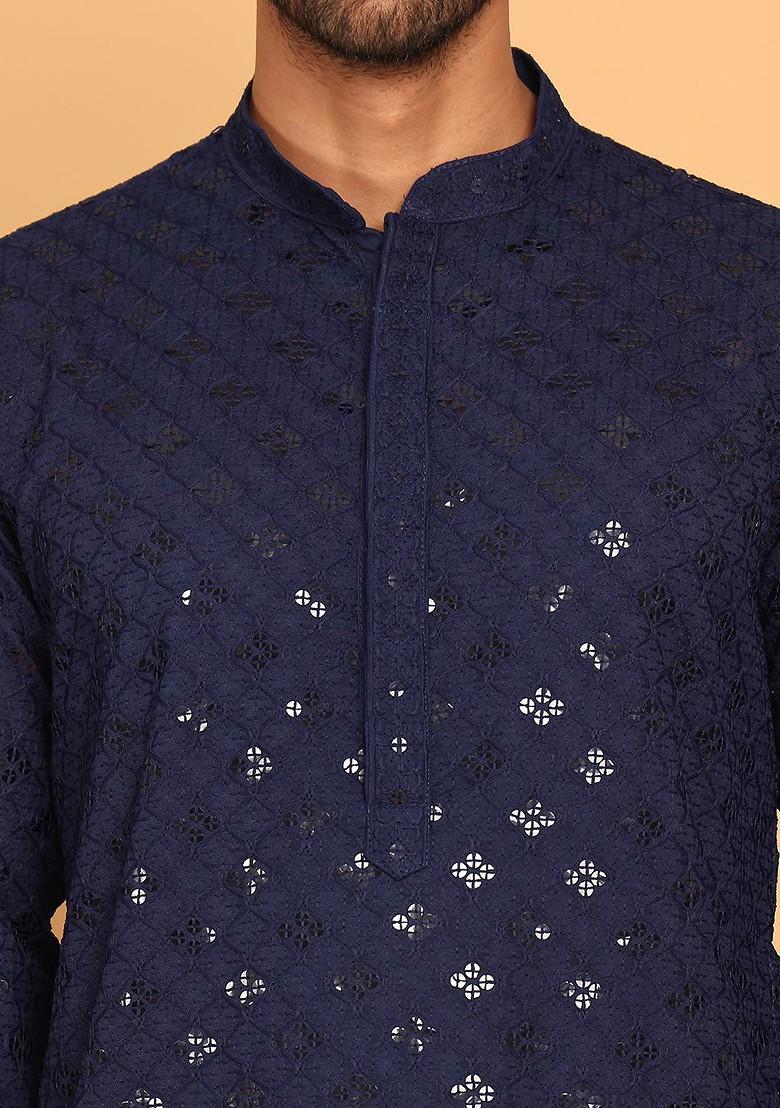 Navy Blue Embroidered Poly Blend Kurta Set For Men