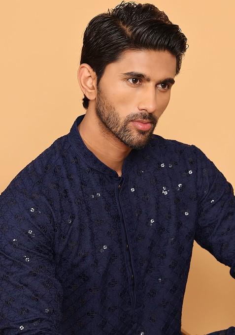 Navy Blue Embroidered Poly Blend Kurta Set For Men