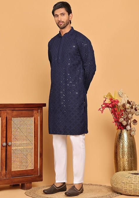 Navy Blue Embroidered Poly Blend Kurta Set For Men