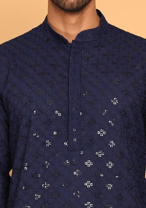 Navy Blue Embroidered Poly Blend Kurta Set For Men