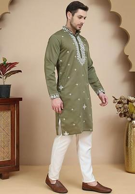 Olive Embroidered Poly Blend Kurta Set For Men