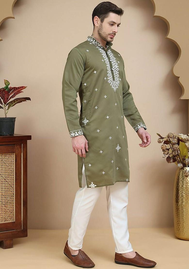 Olive Embroidered Poly Blend Kurta Set For Men