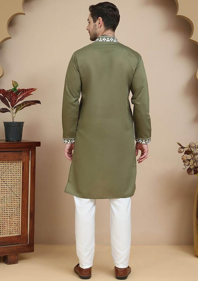 Olive Embroidered Poly Blend Kurta Set For Men