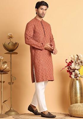 Rust Brown Embroidered Poly Blend Kurta Set For Men