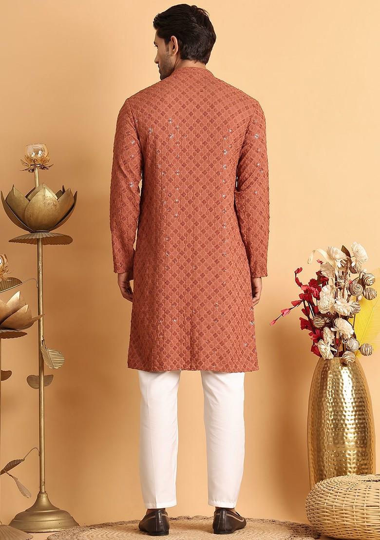 Rust Brown Embroidered Poly Blend Kurta Set For Men