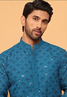 Blue Embroidered Poly Blend Kurta Set For Men