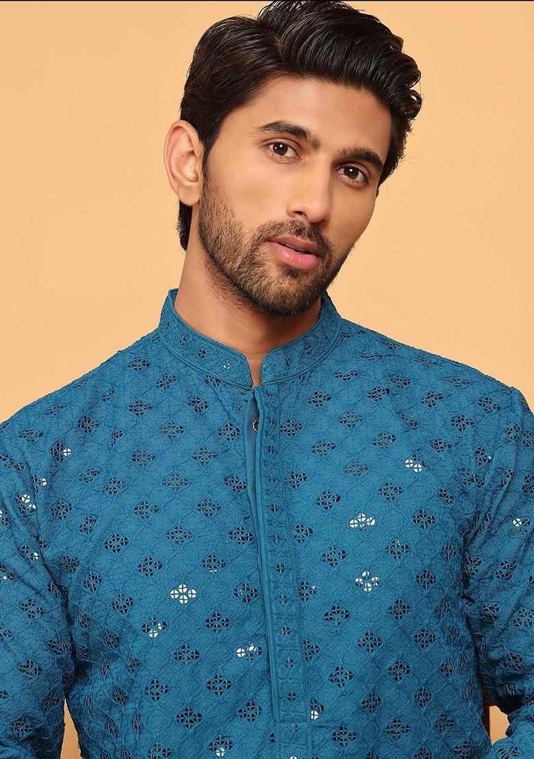 Blue Embroidered Poly Blend Kurta Set For Men