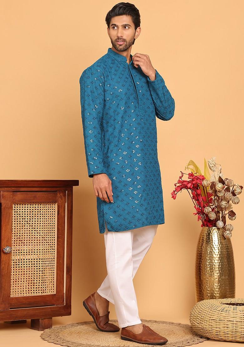 Blue Embroidered Poly Blend Kurta Set For Men