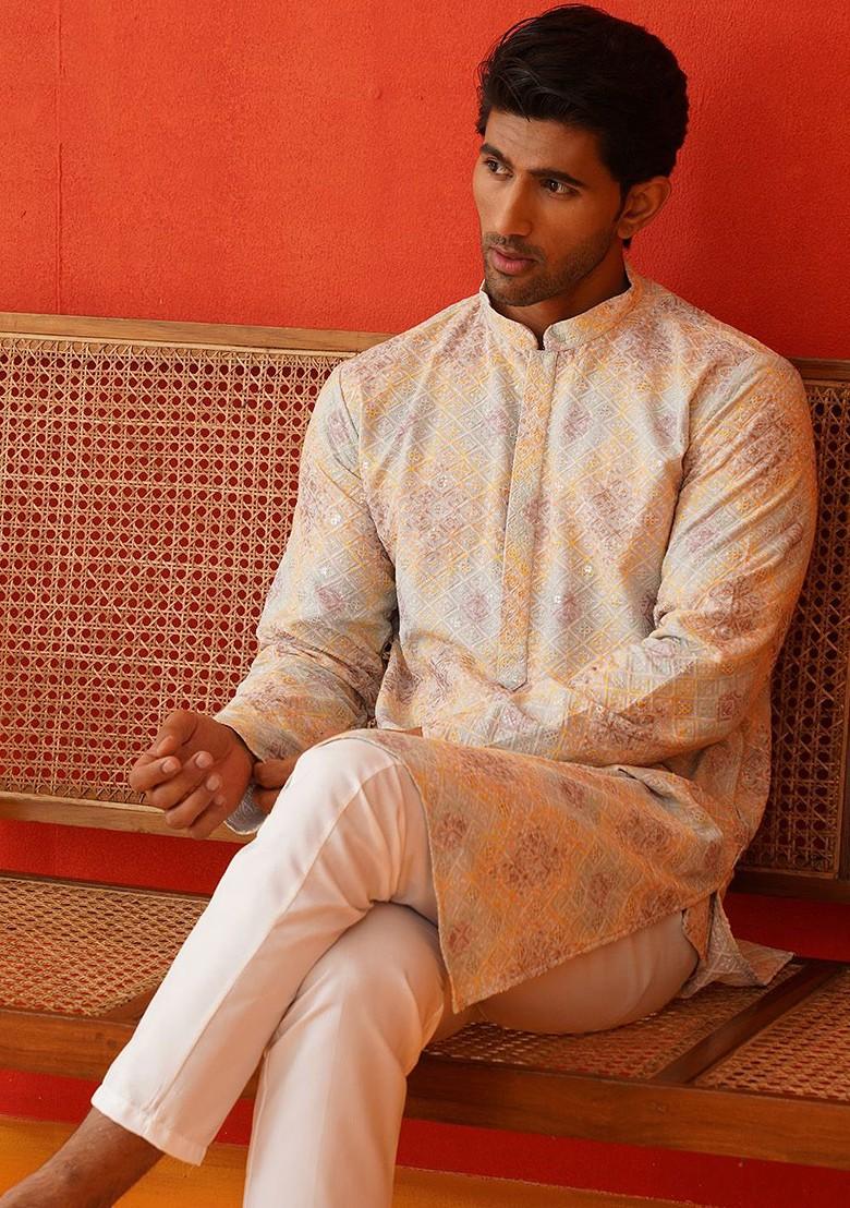 Grey Embroidered Poly Blend Kurta Set For Men
