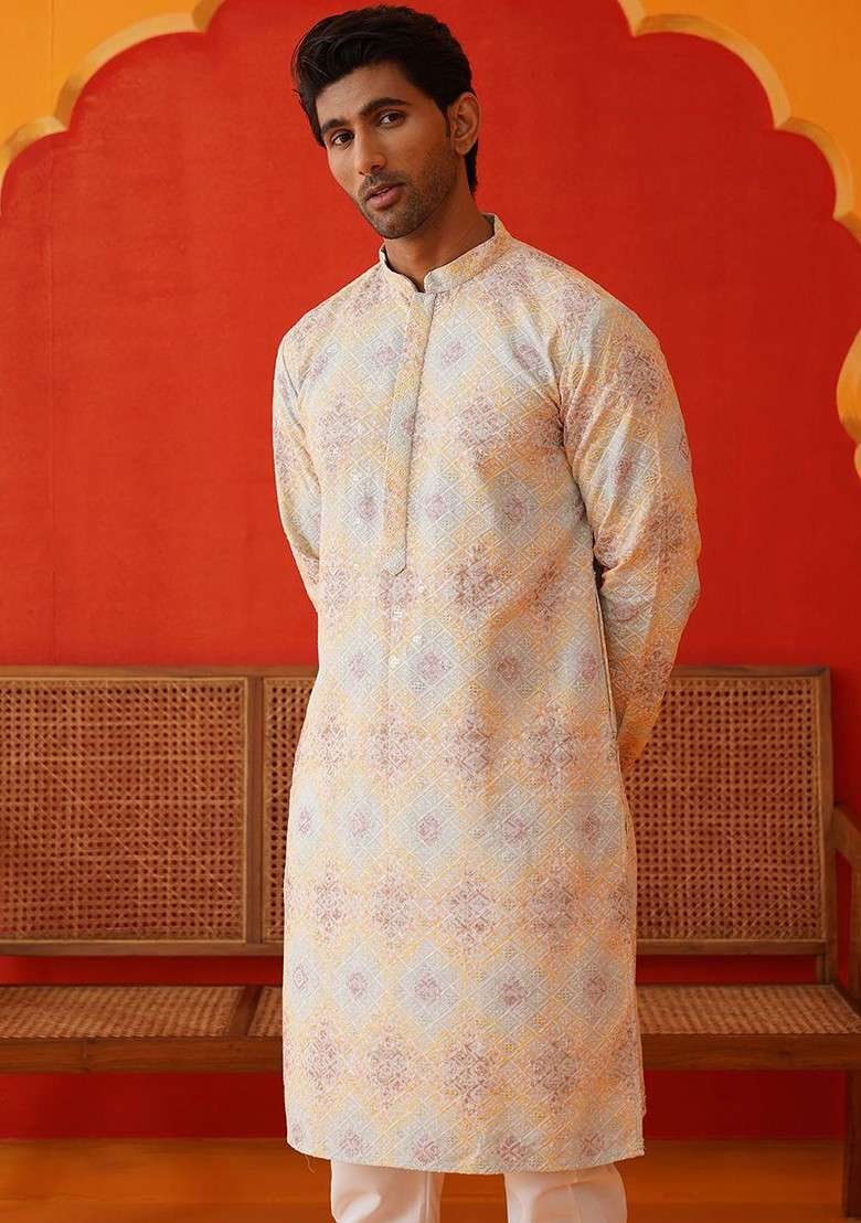 Grey Embroidered Poly Blend Kurta Set For Men - Indya