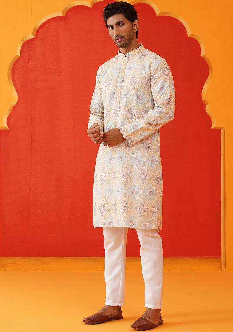 Grey Embroidered Poly Blend Kurta Set For Men