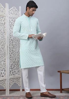 Blue Embroidered Poly Blend Kurta Set For Men