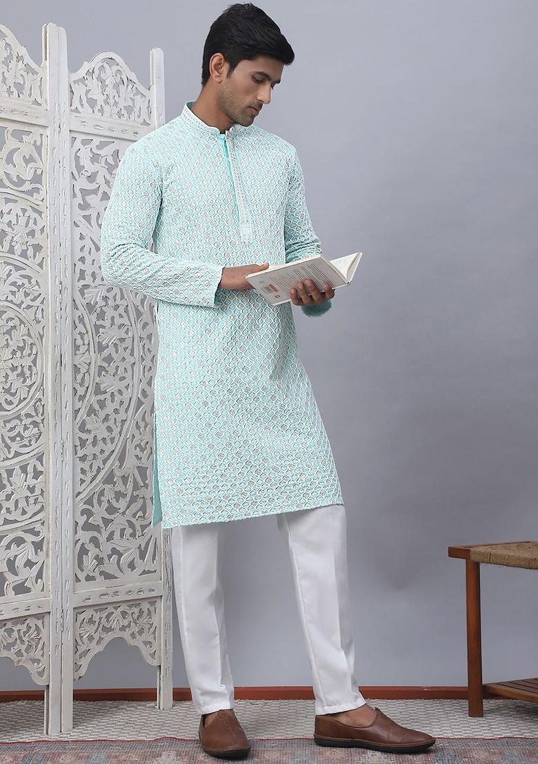 Blue Embroidered Poly Blend Kurta Set For Men