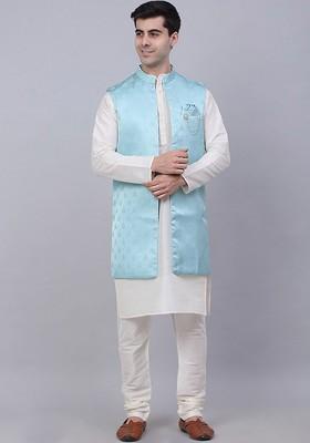 Blue Woven Design Poly Blend Kurta Set For Men