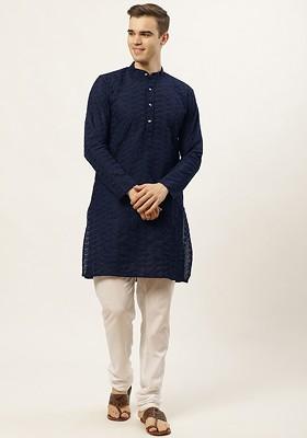 Navy Blue Embroidered Poly Blend Kurta Set For Men