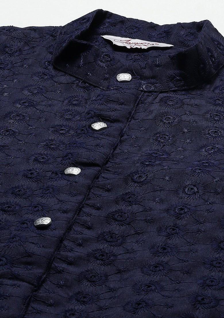 Navy Blue Embroidered Poly Blend Kurta Set For Men