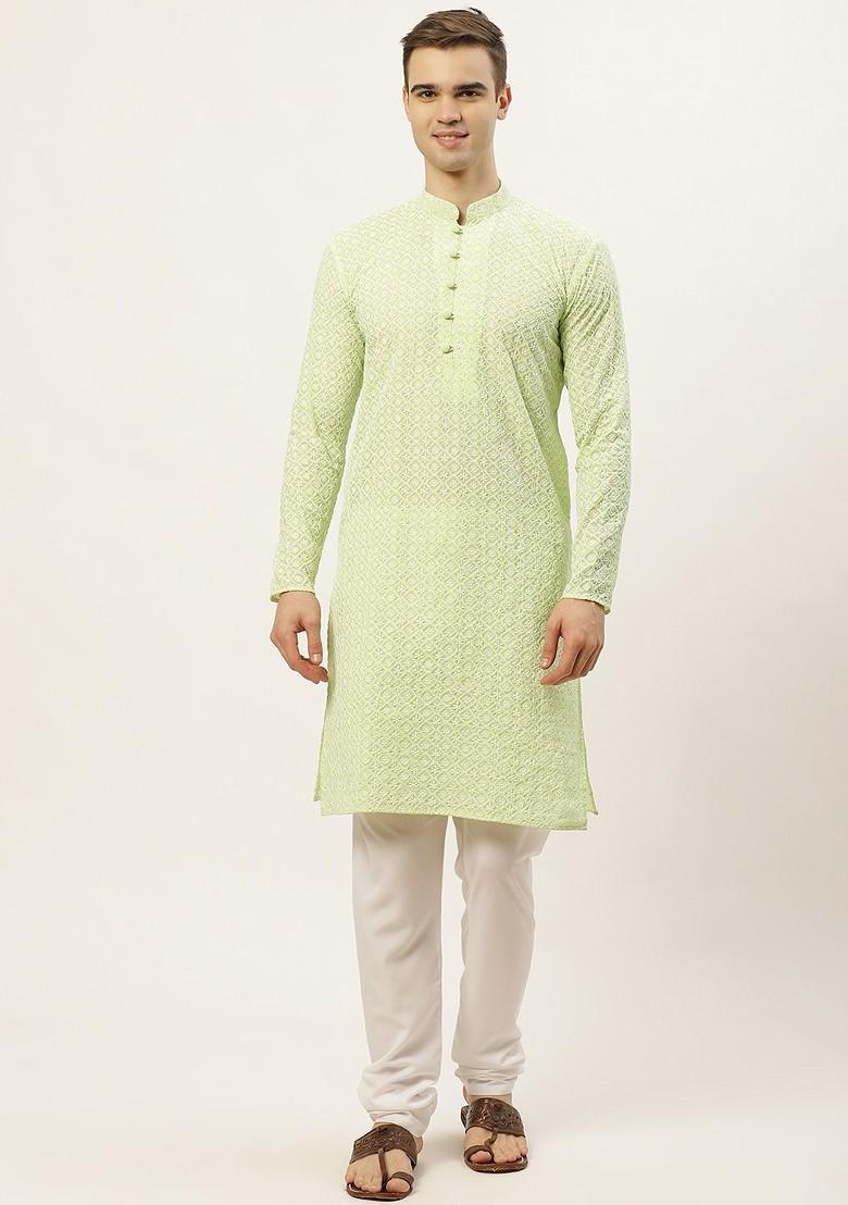 Green Embroidered Poly Blend Kurta Set For Men