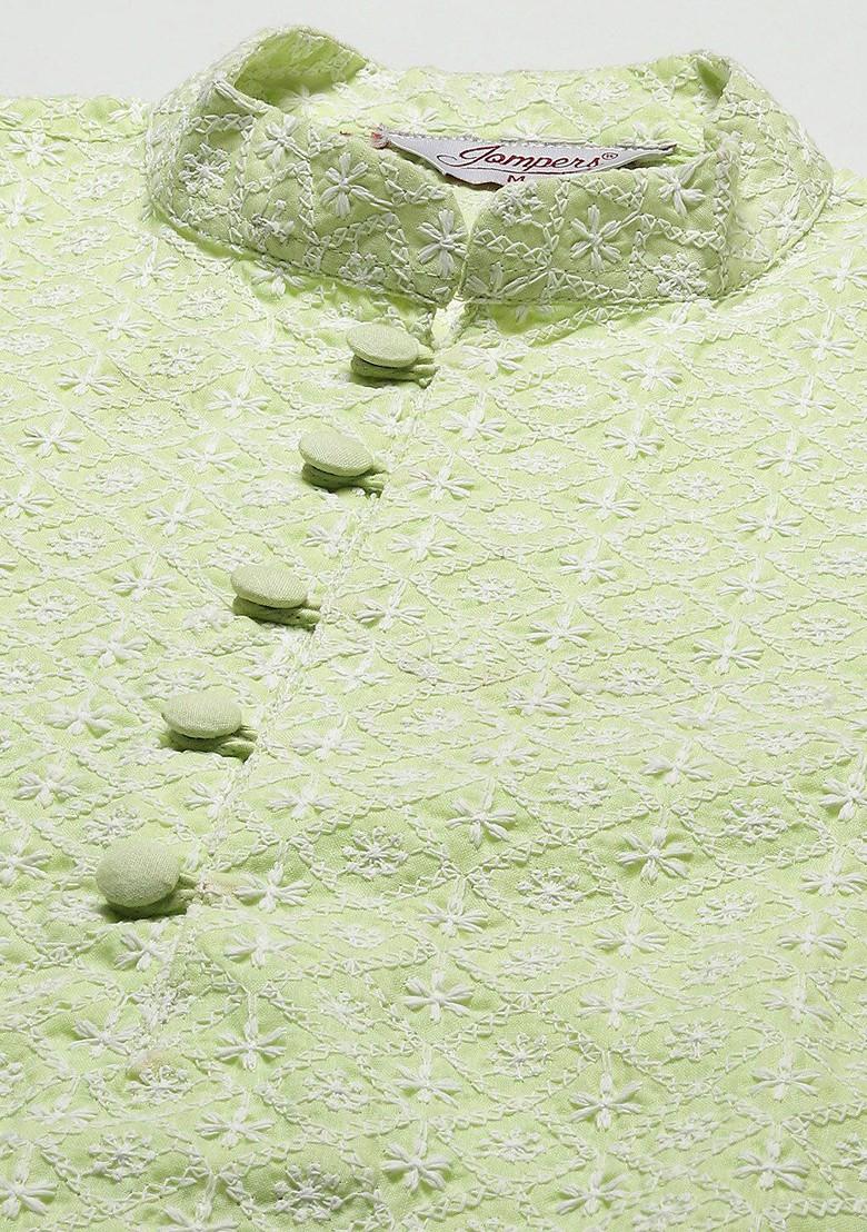 Green Embroidered Poly Blend Kurta Set For Men