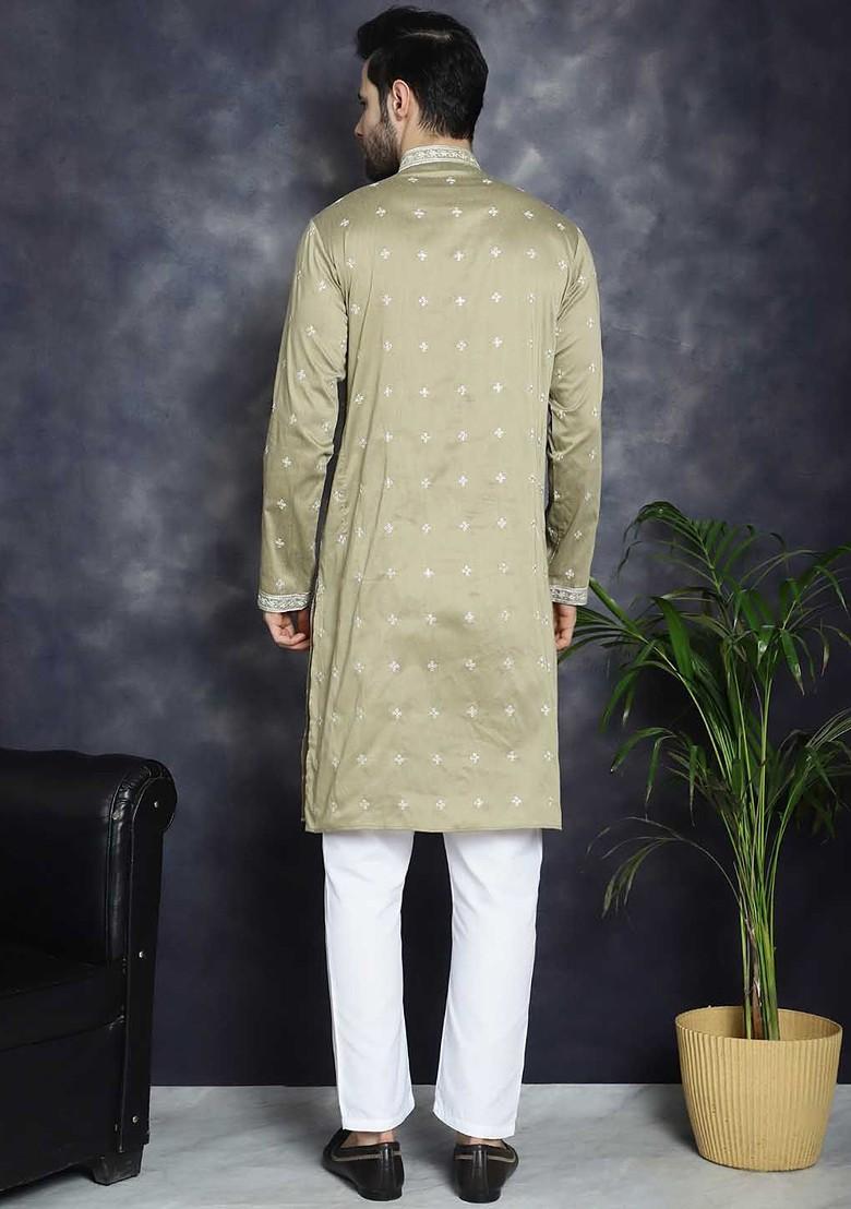 Beige Embroidered Poly Blend Kurta Set For Men
