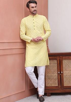 Yellow Embroidered Poly Blend Kurta Set For Men